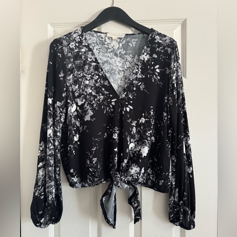 Lovestitch Black and White Tie Front Long Sleeve Blouse